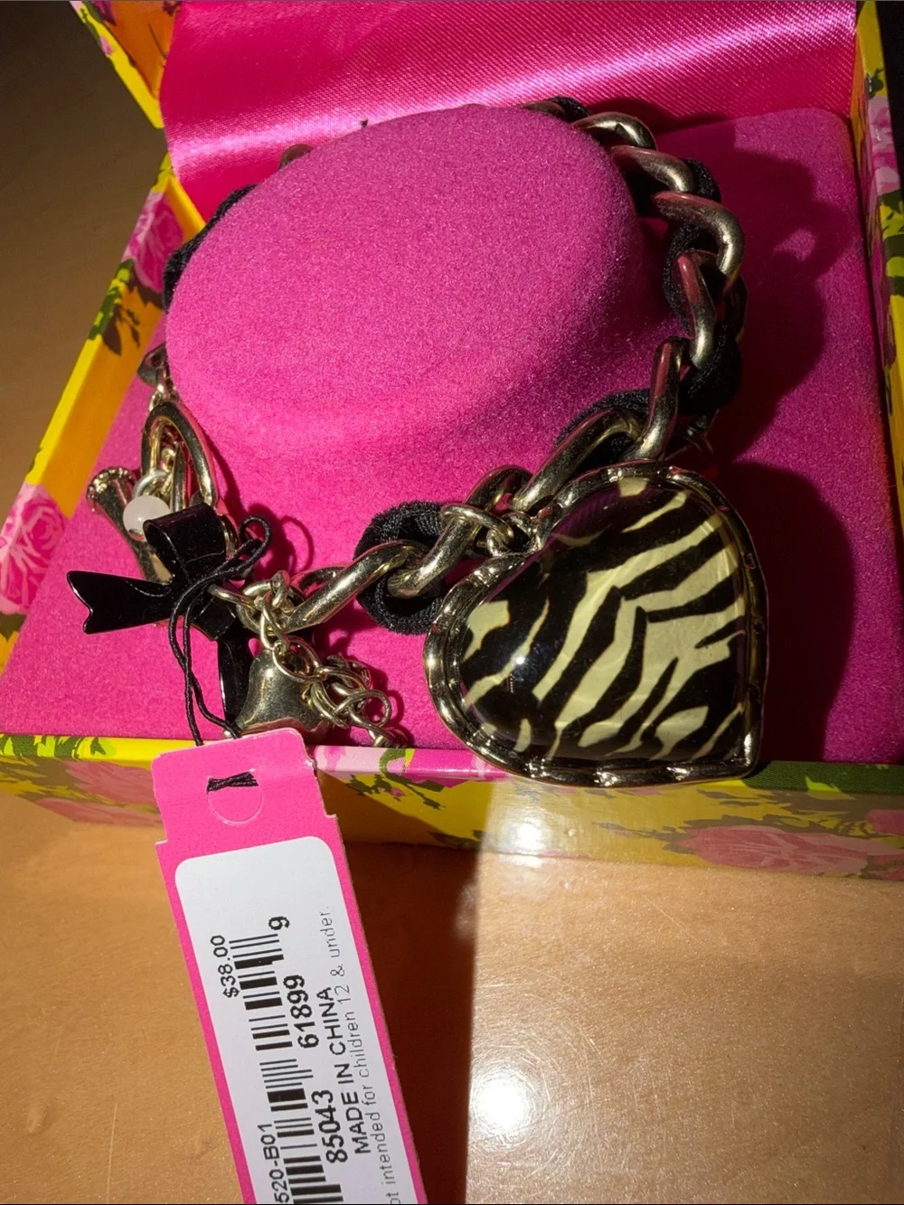 Betsey Johnson Gold-Tone Chain Bracelet with Pink and Zebra Heart Charms